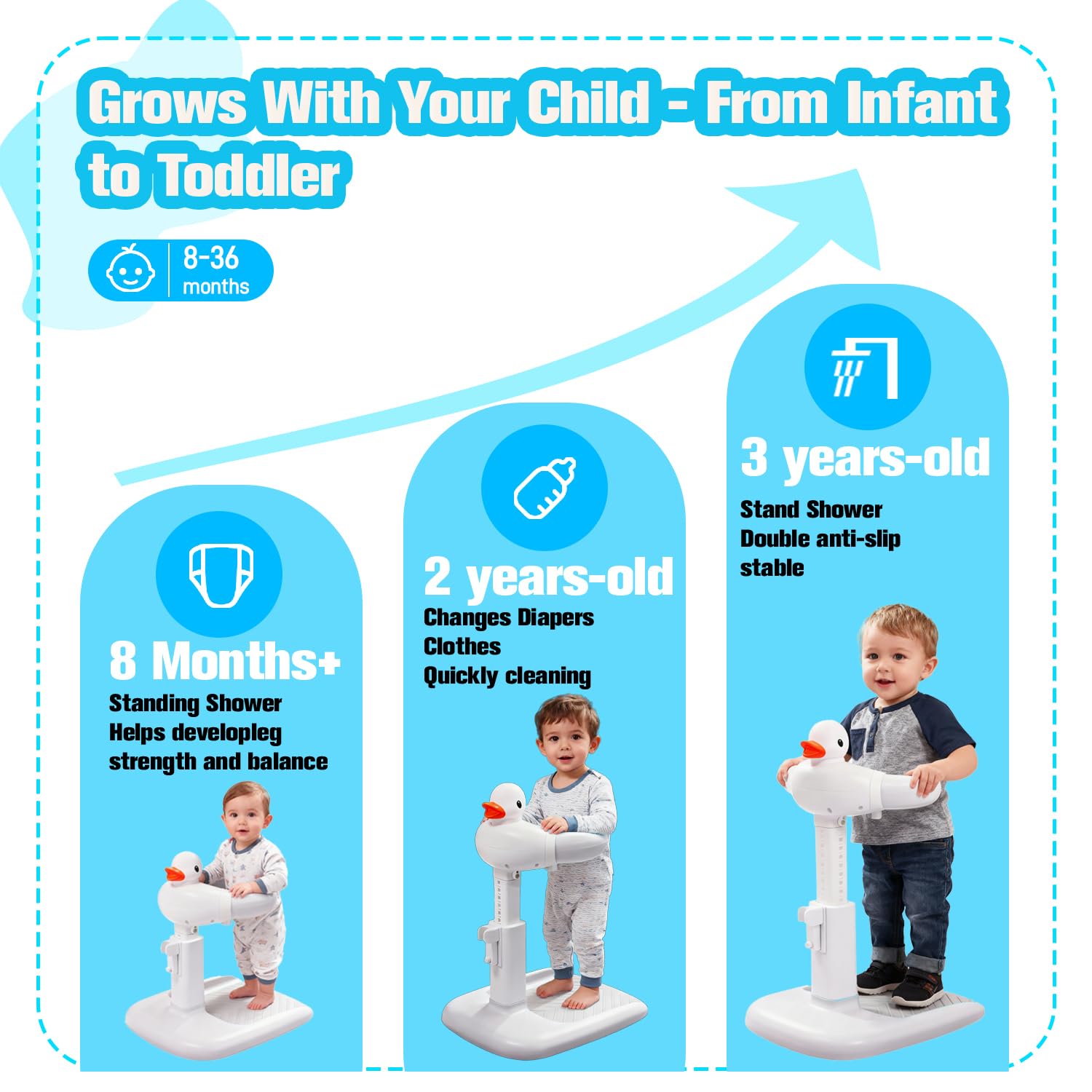 Adjustable Baby Shower Stand Support - Safety & Non-Slip Baby Bath Stand, Toddler Shower Stand for Infants 6-36 Months, Standing Bathtub Max 55 Lbs Capacity, Includes Shower Cap and Stool(Grey)